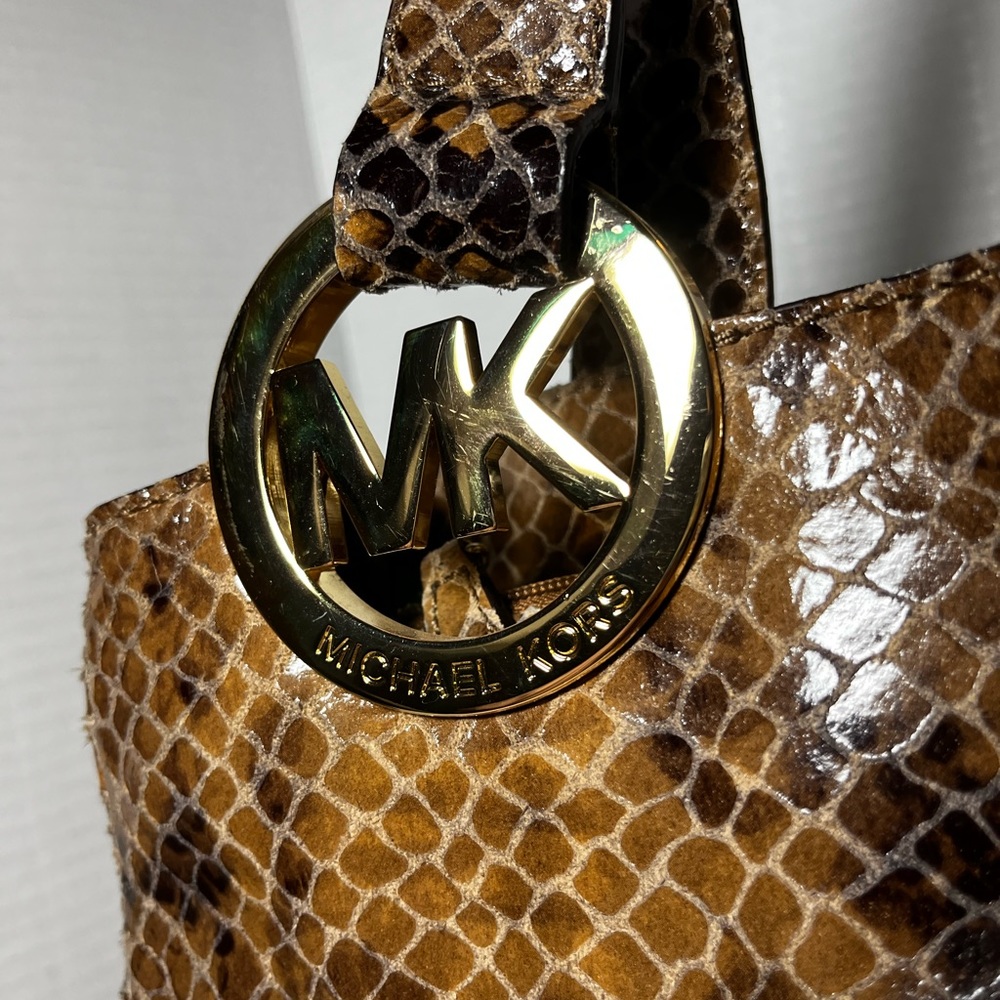 Michael Kors - Python Embossed Leather Shoulder Bag - Gray/Tan - Picture 4 of 10